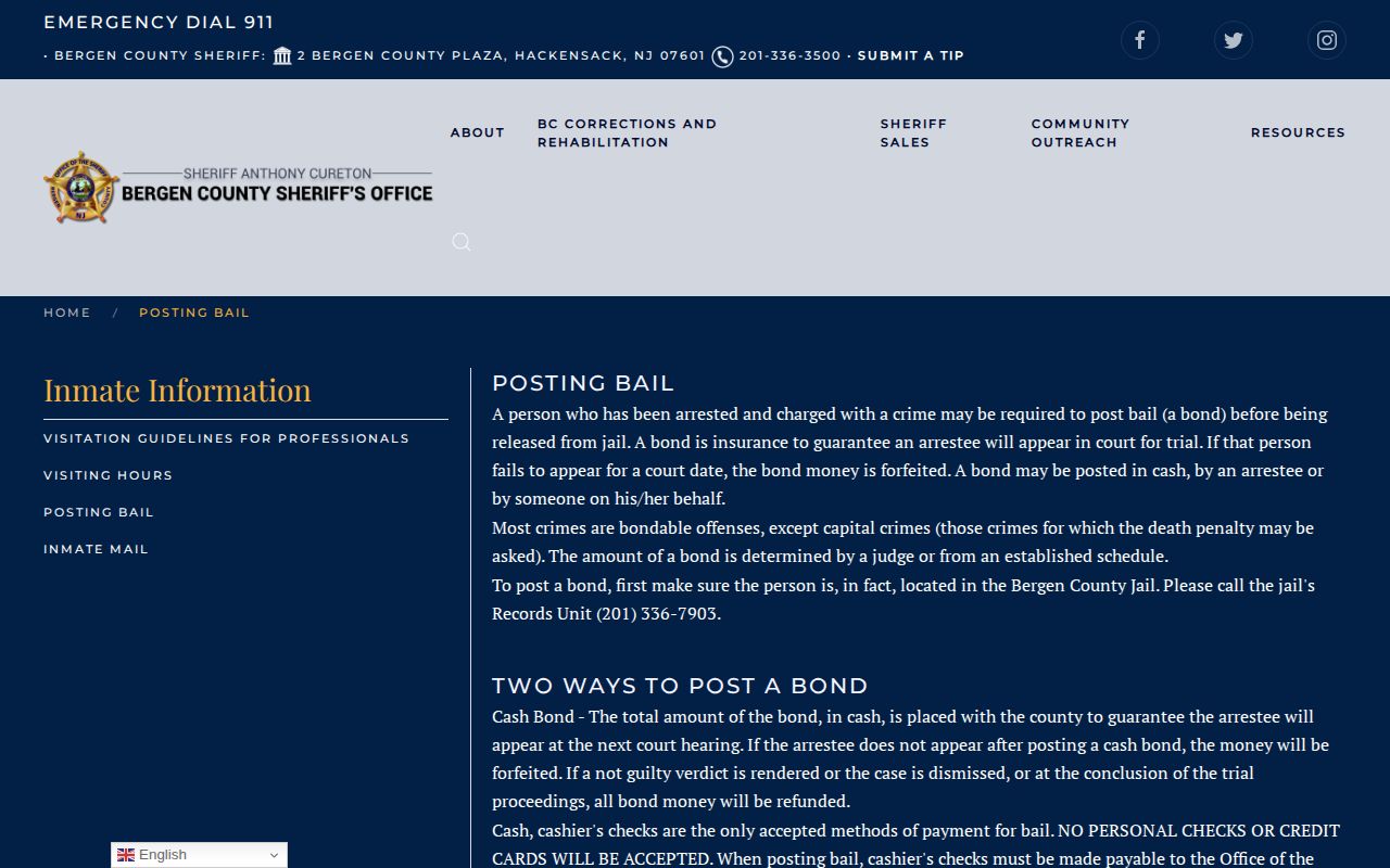 Bergen County Sheriff bail and release-location verification guidance