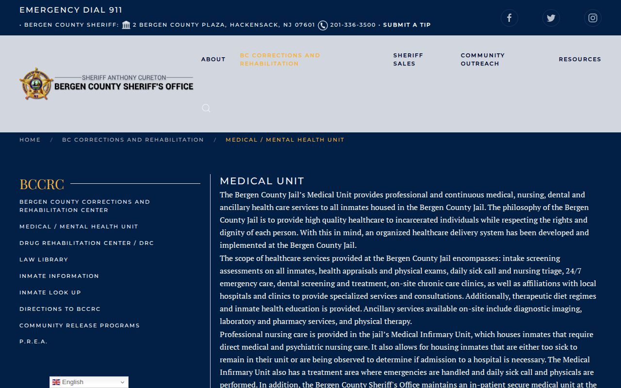 Bergen County Sheriff information about the Bergen New Bridge secure medical unit