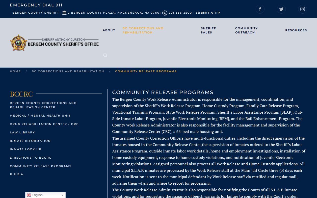 Bergen County Sheriff Community Release Programs page