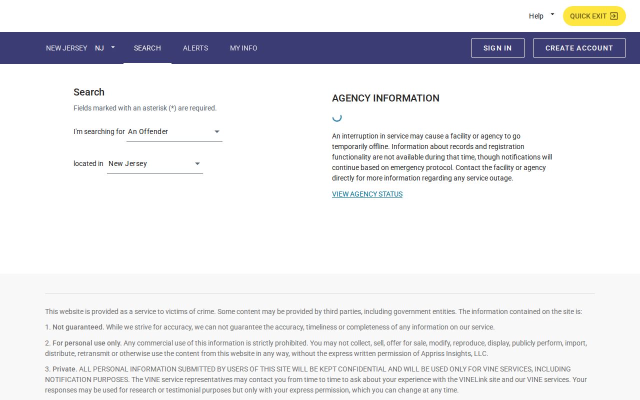Bergen County VINE inmate person-search screen for custody records