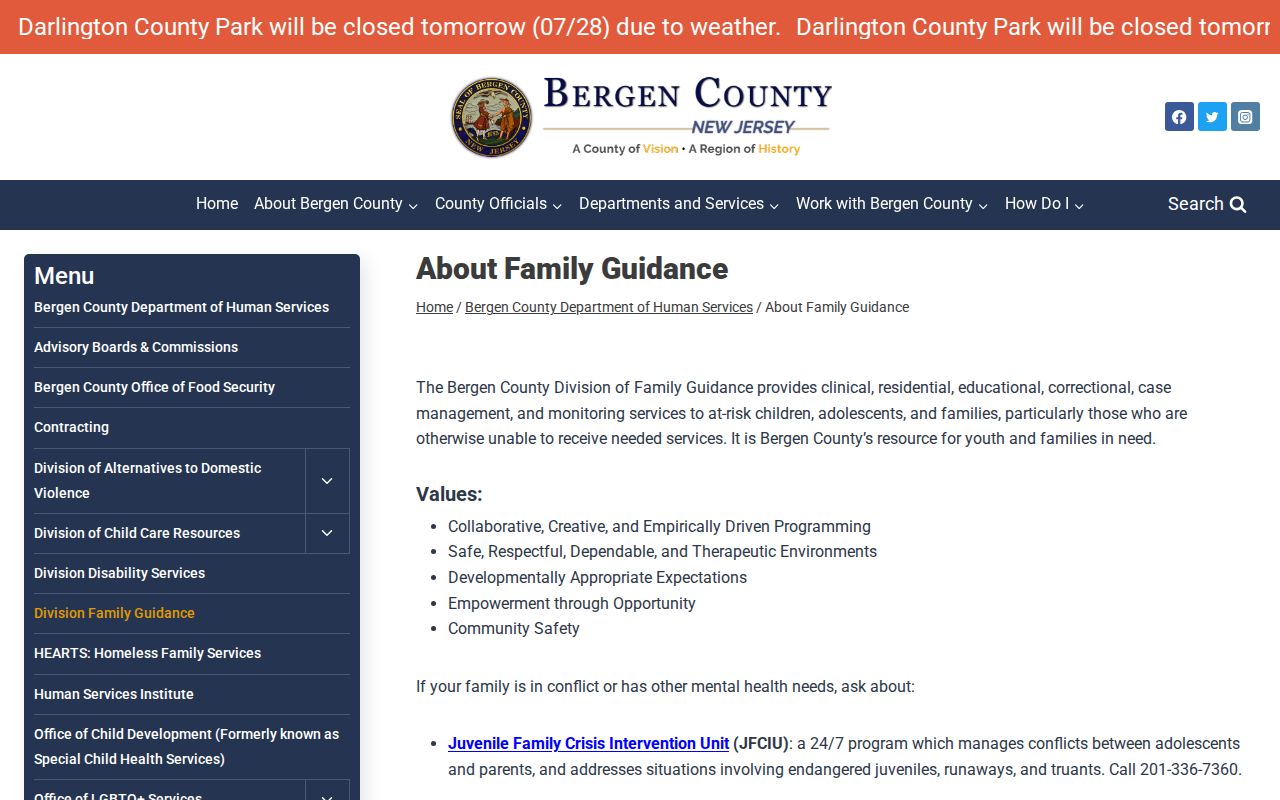 Bergen County Division of Family Guidance juvenile services information