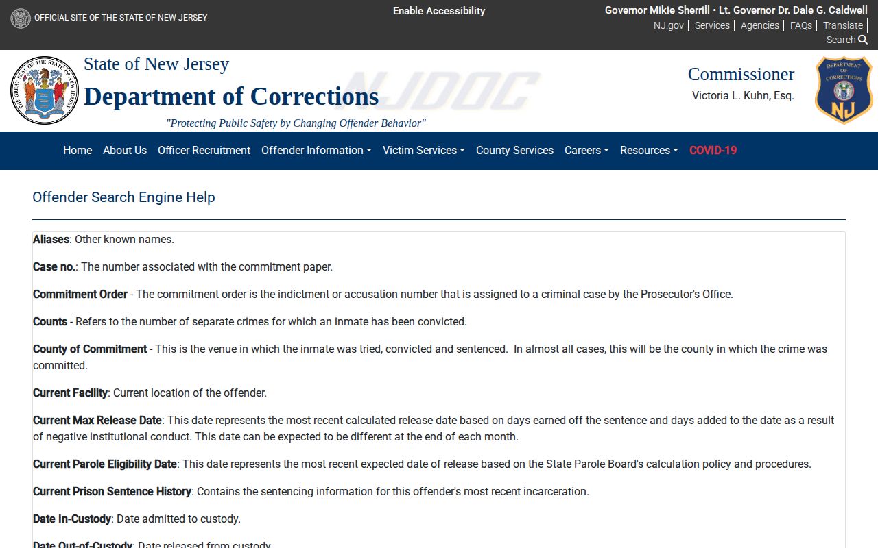 New Jersey Department of Corrections release-date field definitions
