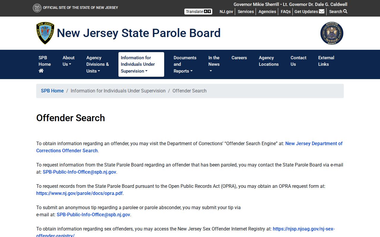 New Jersey State Parole Board offender search guidance page